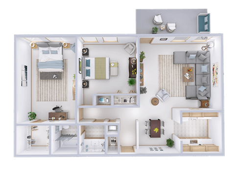 Floor plan for 2 beds, 1 bath, 1049 sqft